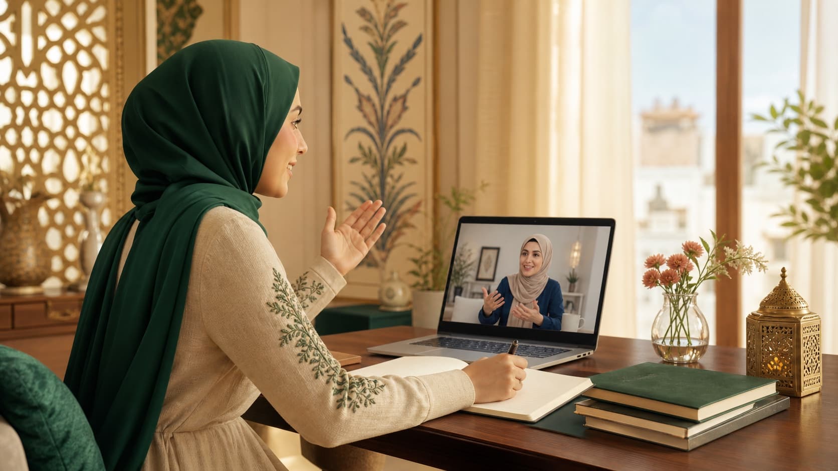 Canlı online derse katılan başörtülü bir katılımcı